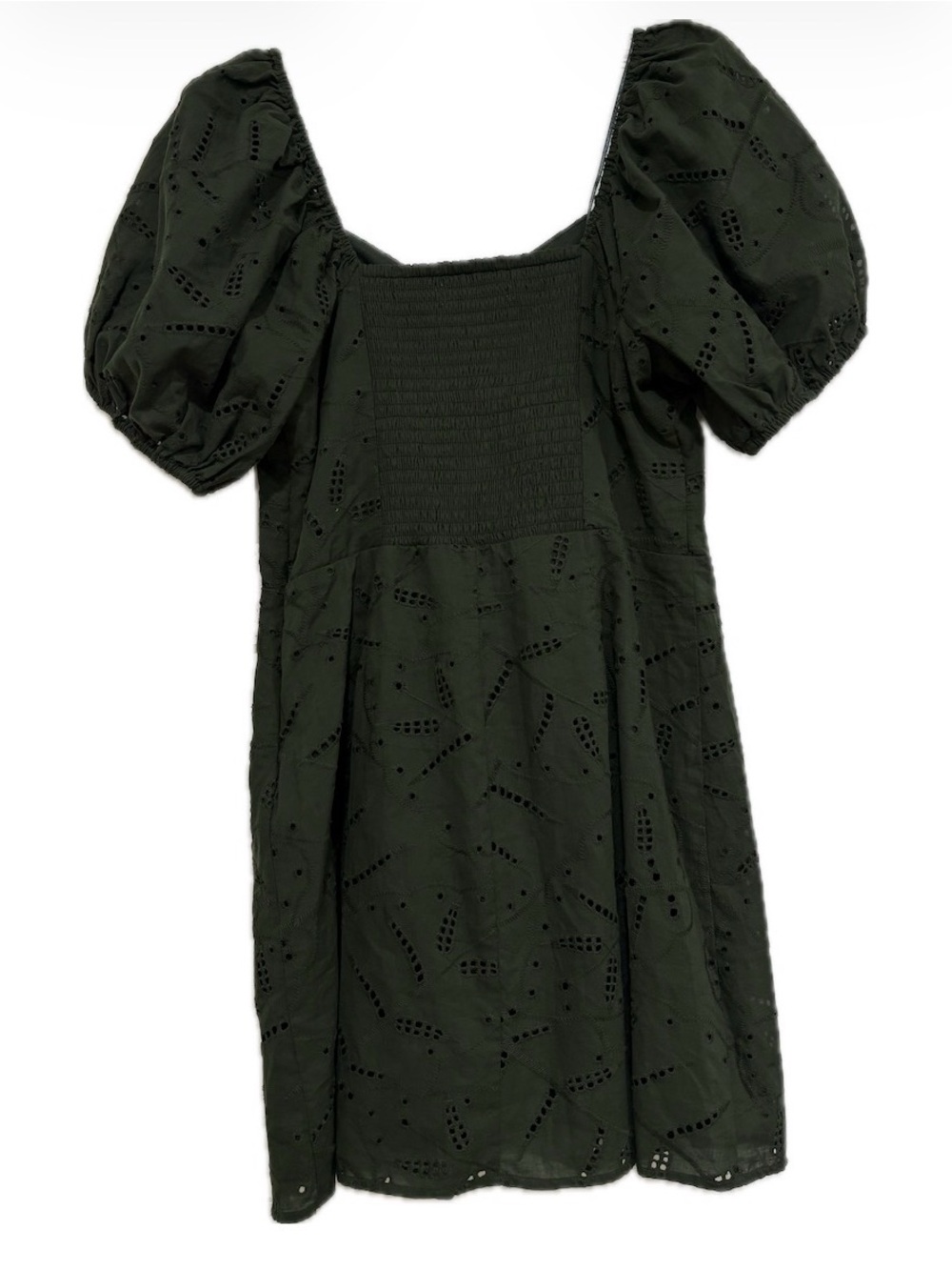 LC Lauren Conrad Petites Eyelet Mini Dress Puff Sleeve Olive Green Size PM NWT - Picture 2 of 7